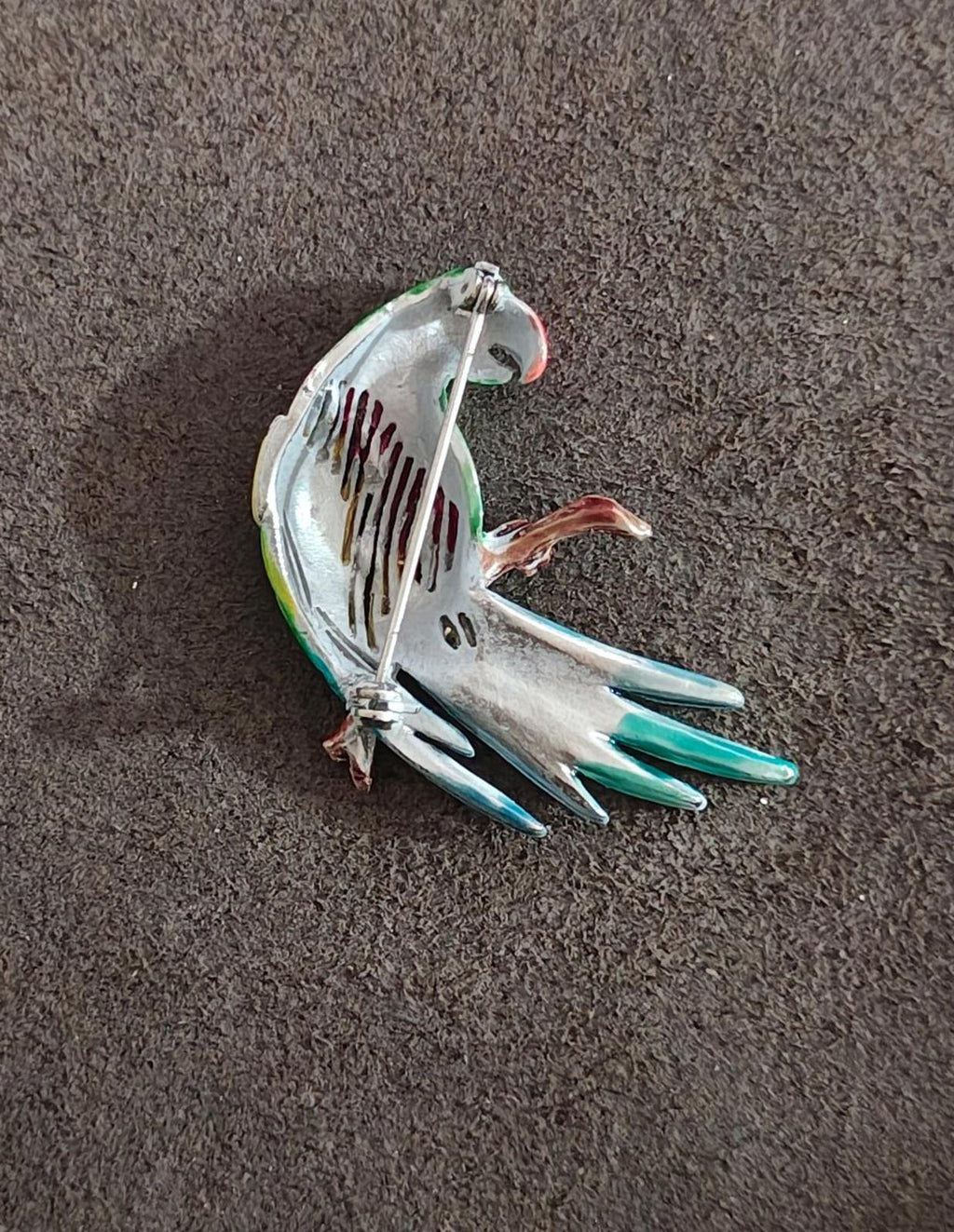 1980s Vintage Hand-Painted Enamel Parrot Sitting On Branch Silver Tone Brooch
