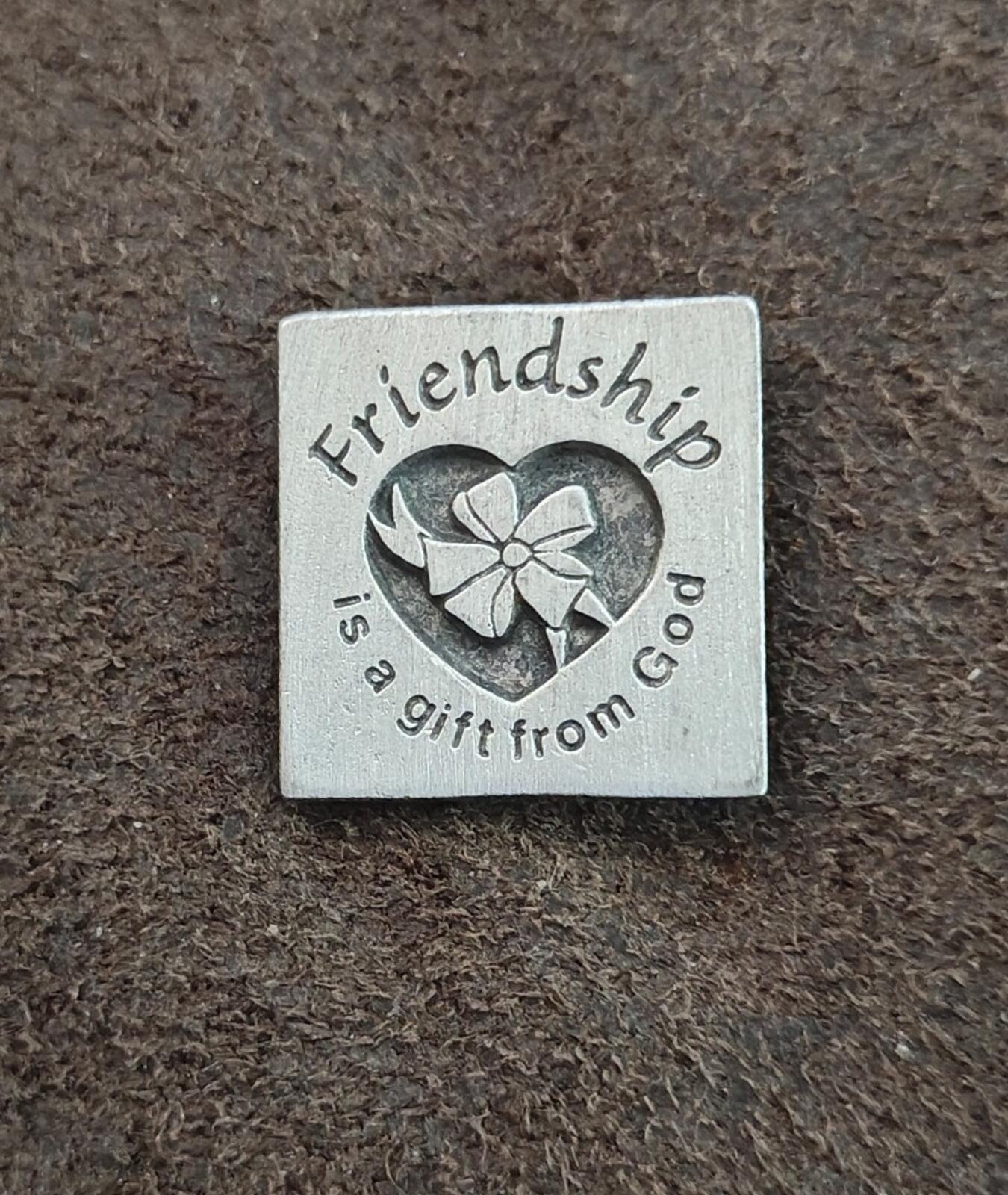 80s "Friendship is a gift from God" Pewter Pin With Engraved Heart & Ribbon