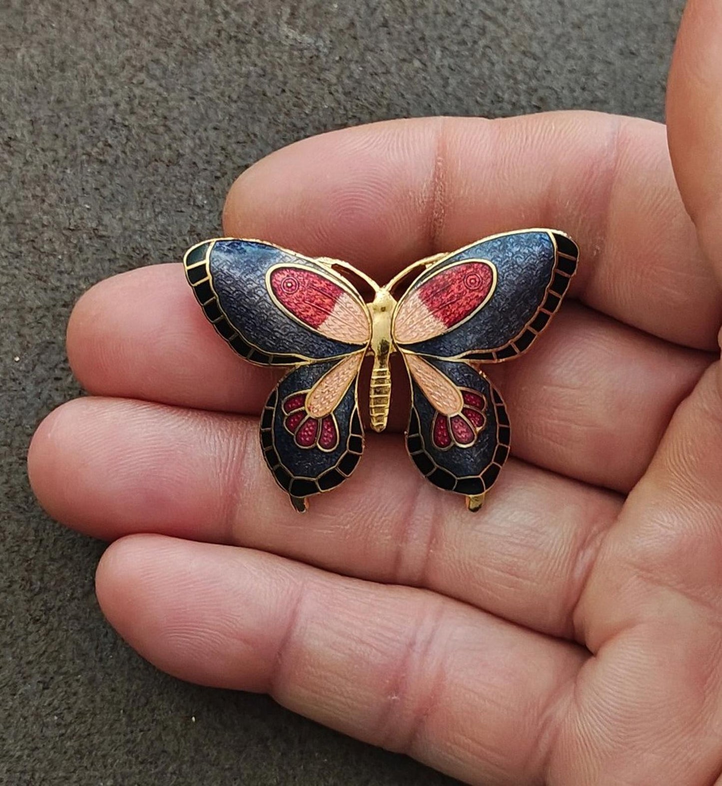 1980s Cloisonné Enamel Butterfly Gold Tone Brooch