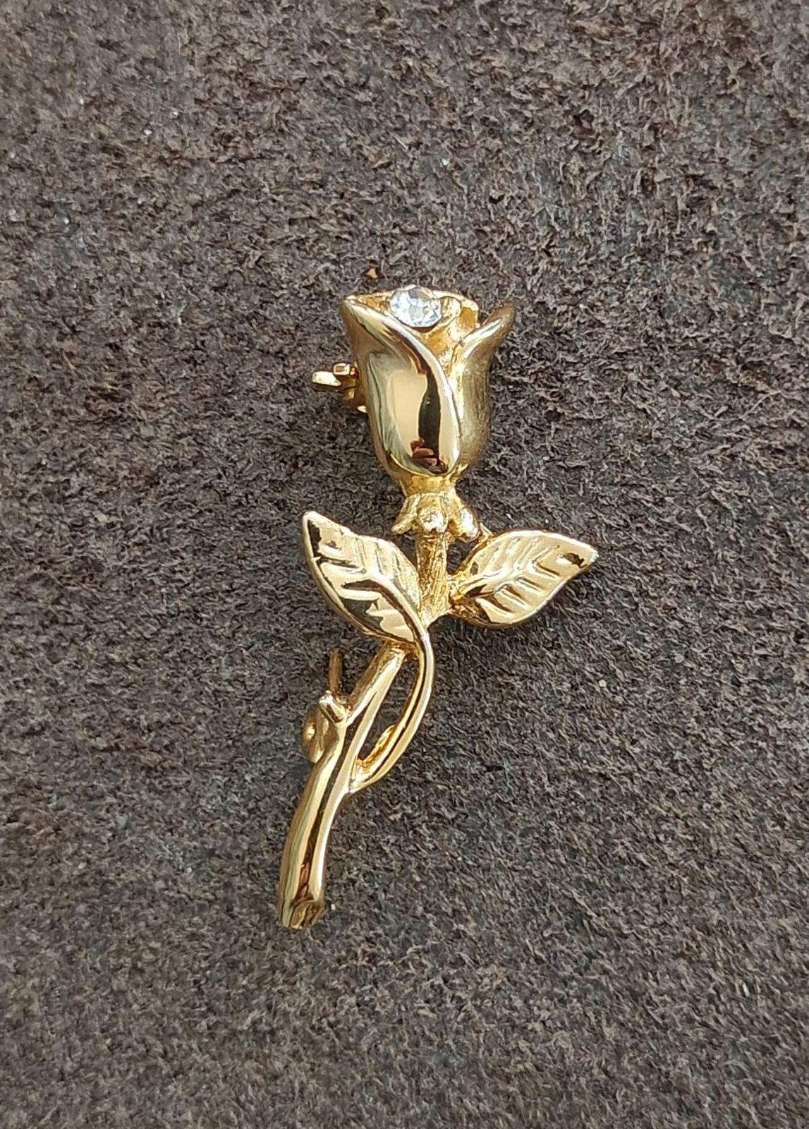 1980s Textured Gold Tone Rose With Rhinestone Brooch