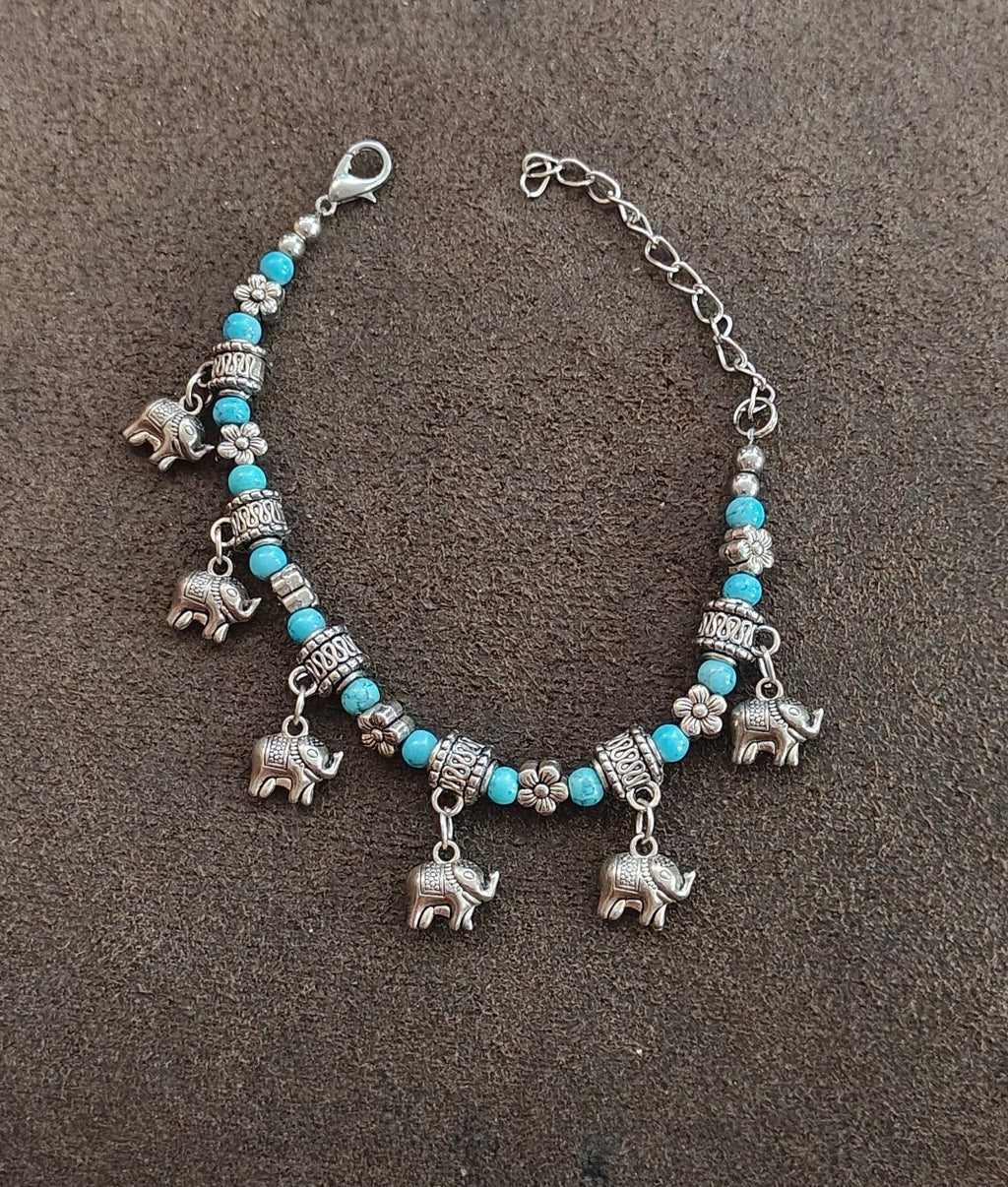 Bohemian Style Turquoise Beaded Elephant Charm Bracelet