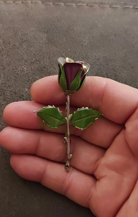 1970s Silver Tone Purple and Green Enamel Rose Brooch