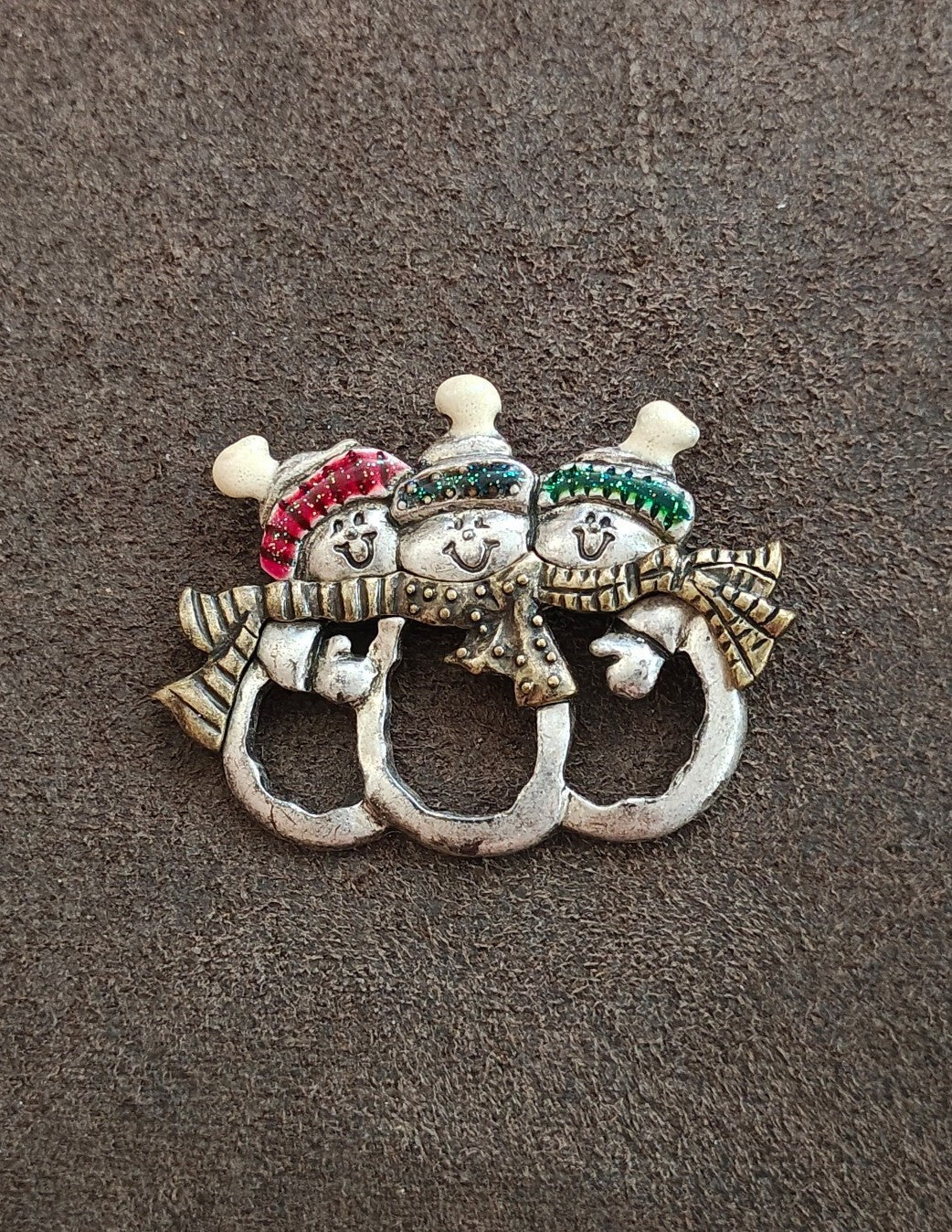 1980s Pewter Triple Snowman Holiday Brooch Pin