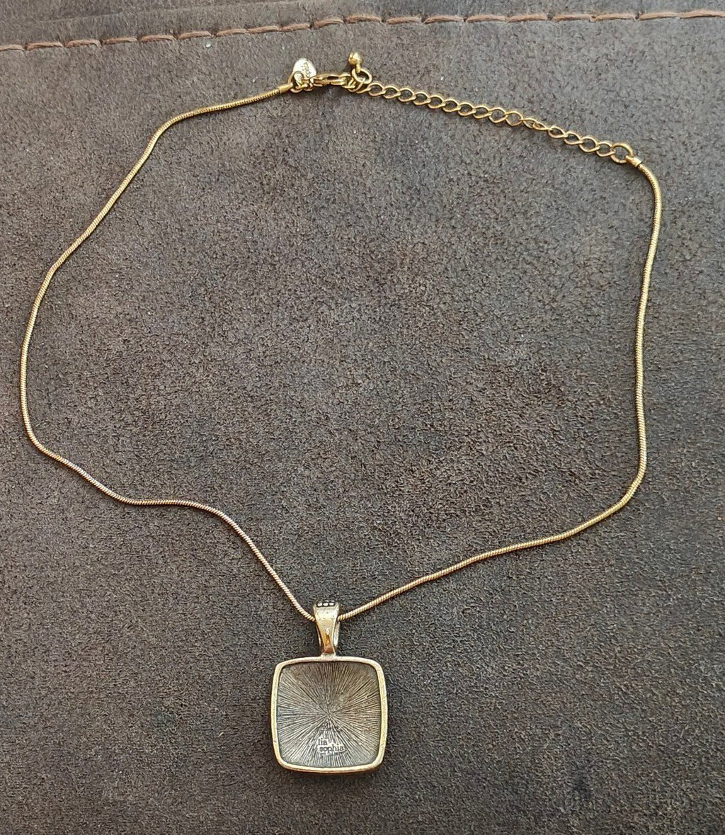 Early 2000s Lia Sophia Gold Tone Mother of Pearl Mosaic Slide Pendant Necklace