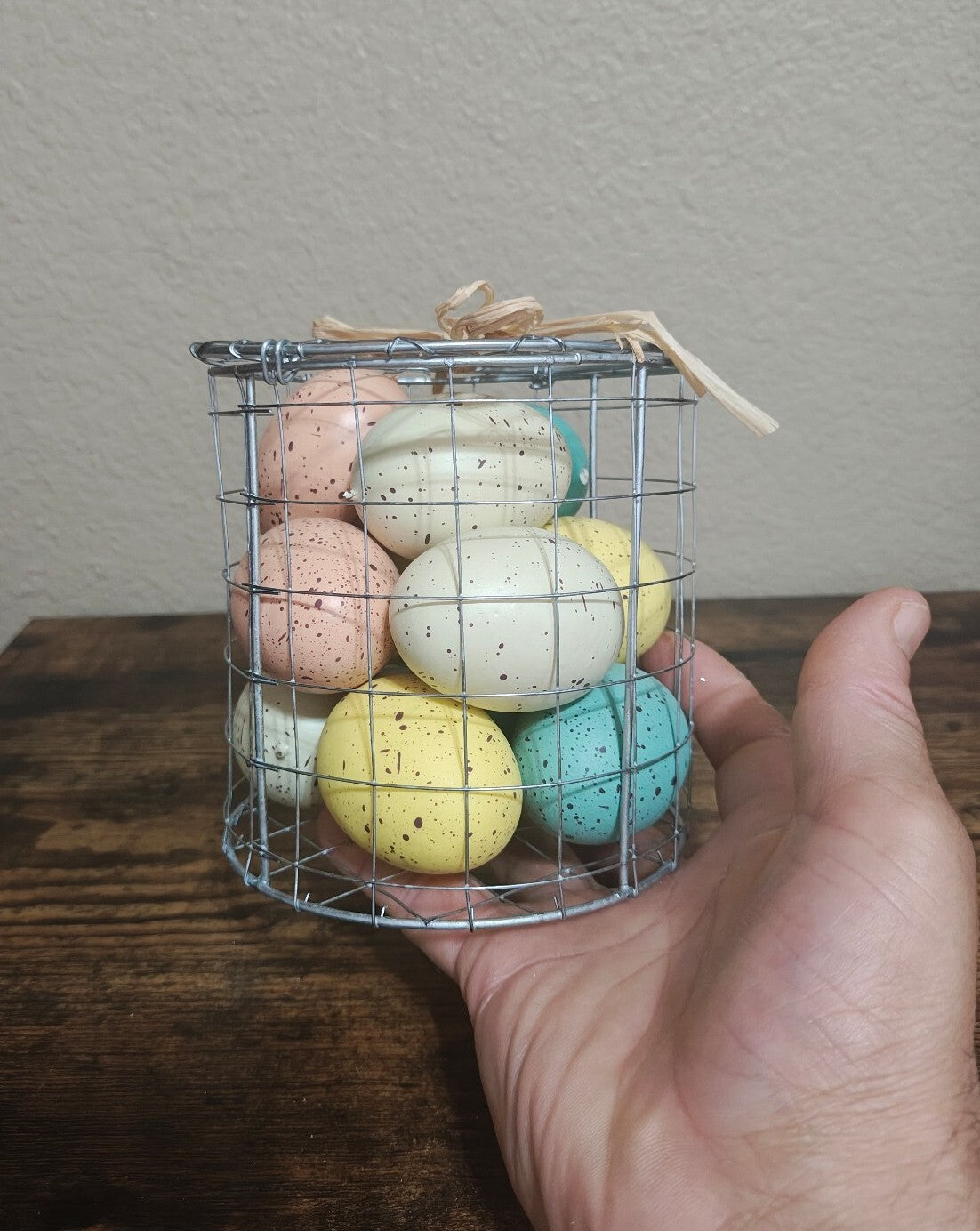 Spring Decorative Easter Eggs In Wire Basket