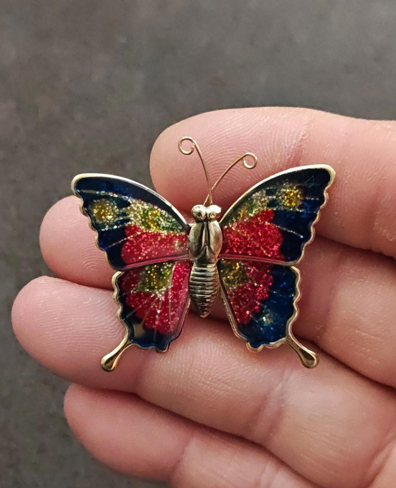 1970s Gold Tone Butterfly With Enamel & Glitter Accents Brooch