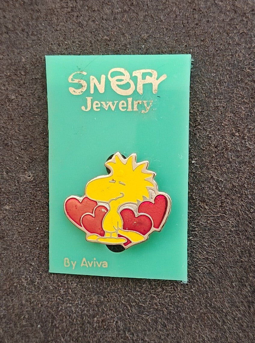 1970s/80s Aviva Peanuts Woodstock With Red Hearts Cloisonné Enamel Pin On Card