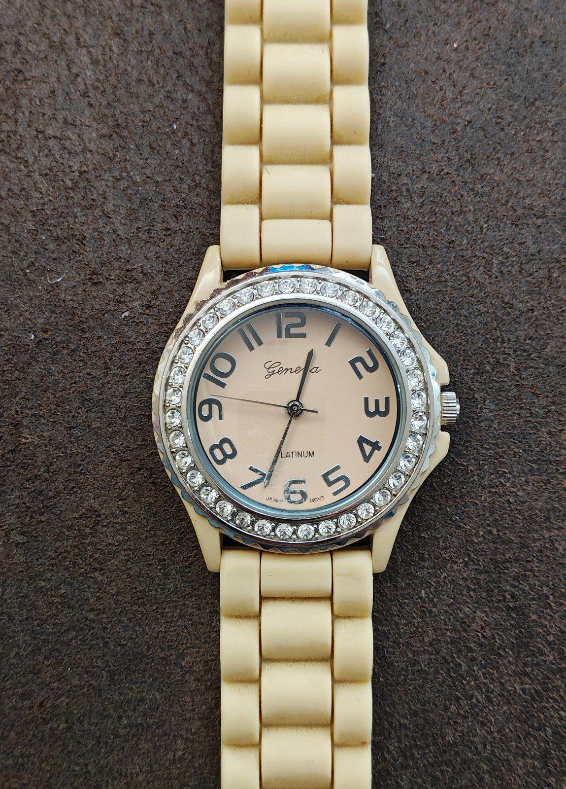 Geneva Platinum Beige Dial Rhinestones Bezel  Beige Silicone Watch