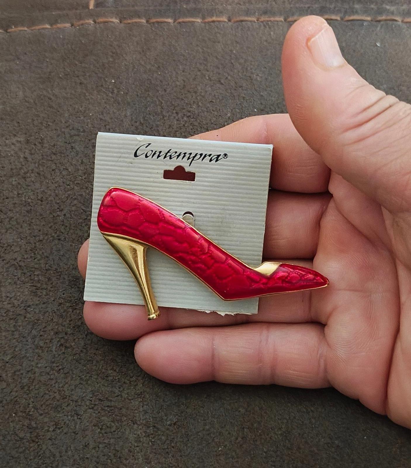 1990s Contempra Red High Heel Gold Tone Red Acrylic Shoe Brooch