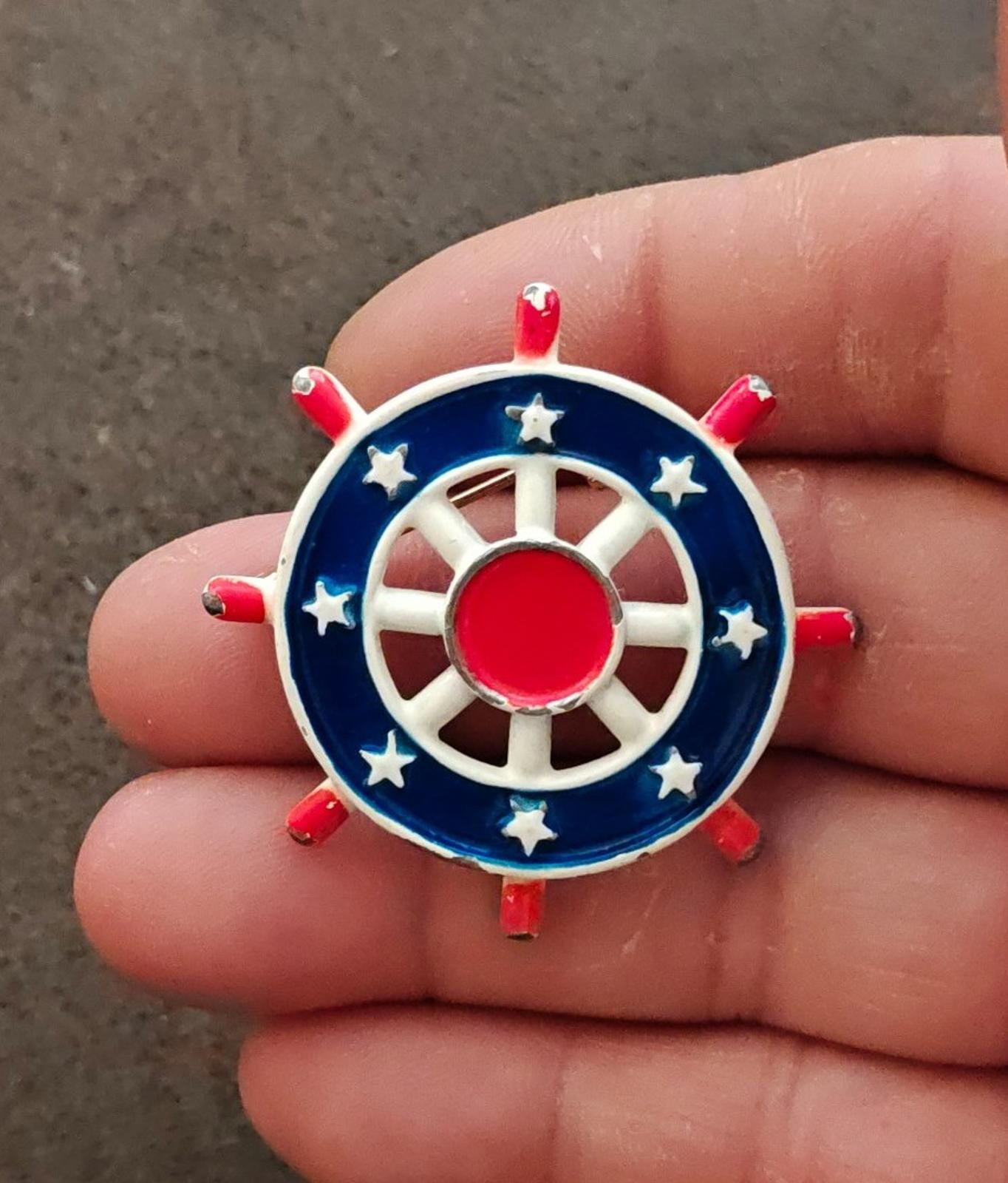 1950s R.N.K. Nautical Red, White and Blue Ship's Wheel Metal Enamel Brooch