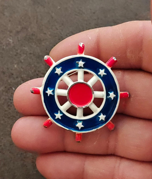 1950s R.N.K. Nautical Red, White and Blue Ship's Wheel Metal Enamel Brooch