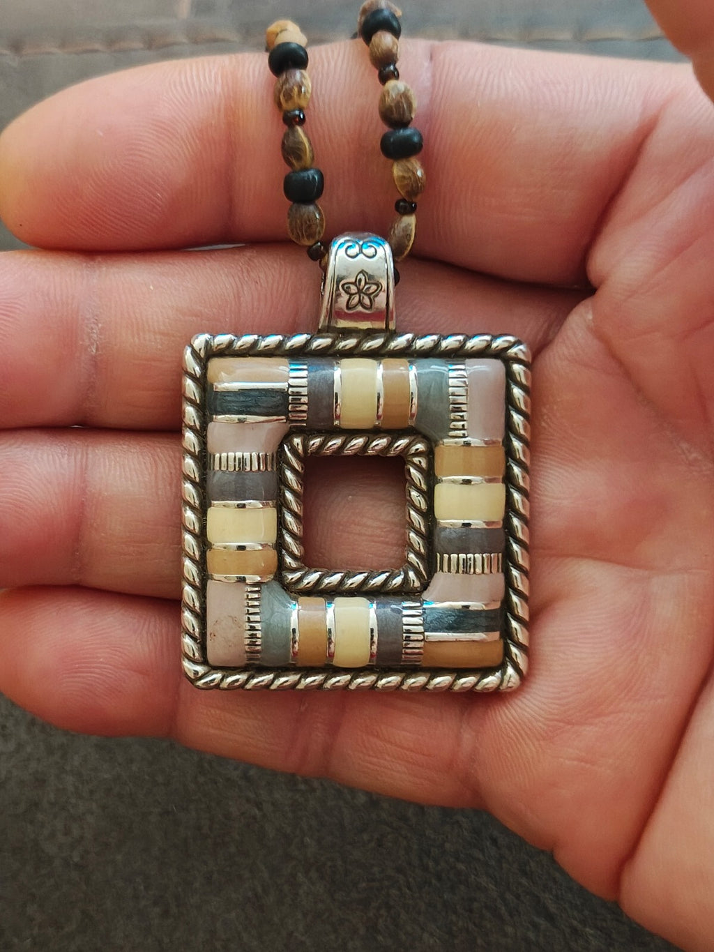 Retired Brighton "Cabana" Square  Pendant Necklace With Custom Beaded Strand