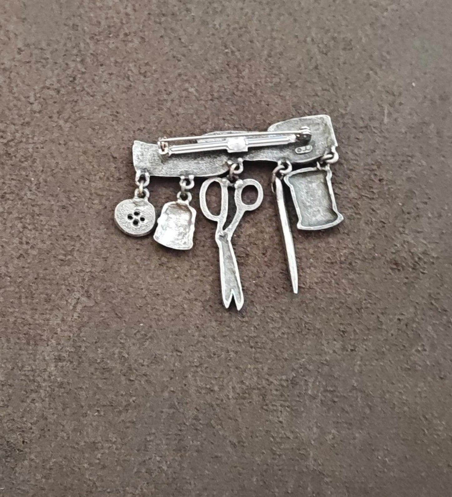 1980s JJ Jonette Sewing Theme Pewter Dangle Brooch