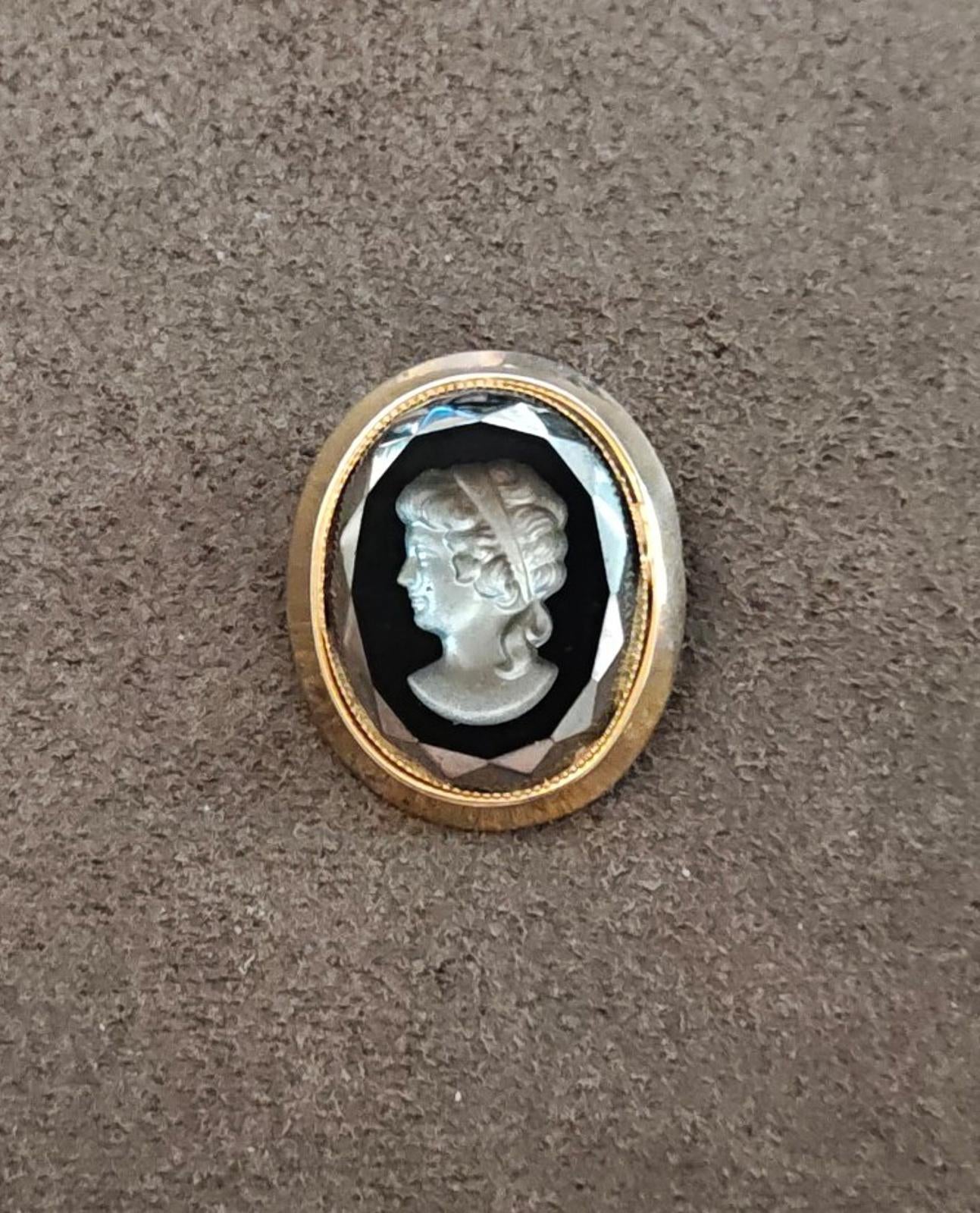 1950s Roman Revival Hematite Glass Reverse Intaglio Frosted Gold Tone Brooch