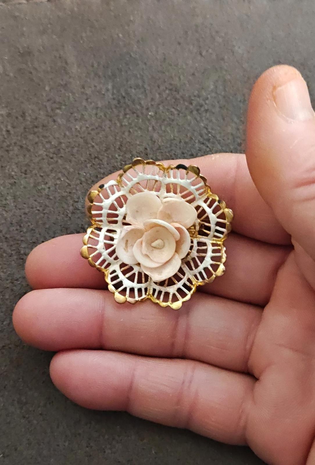 1960s Gold Tone Filigree Pink Rose Brooch