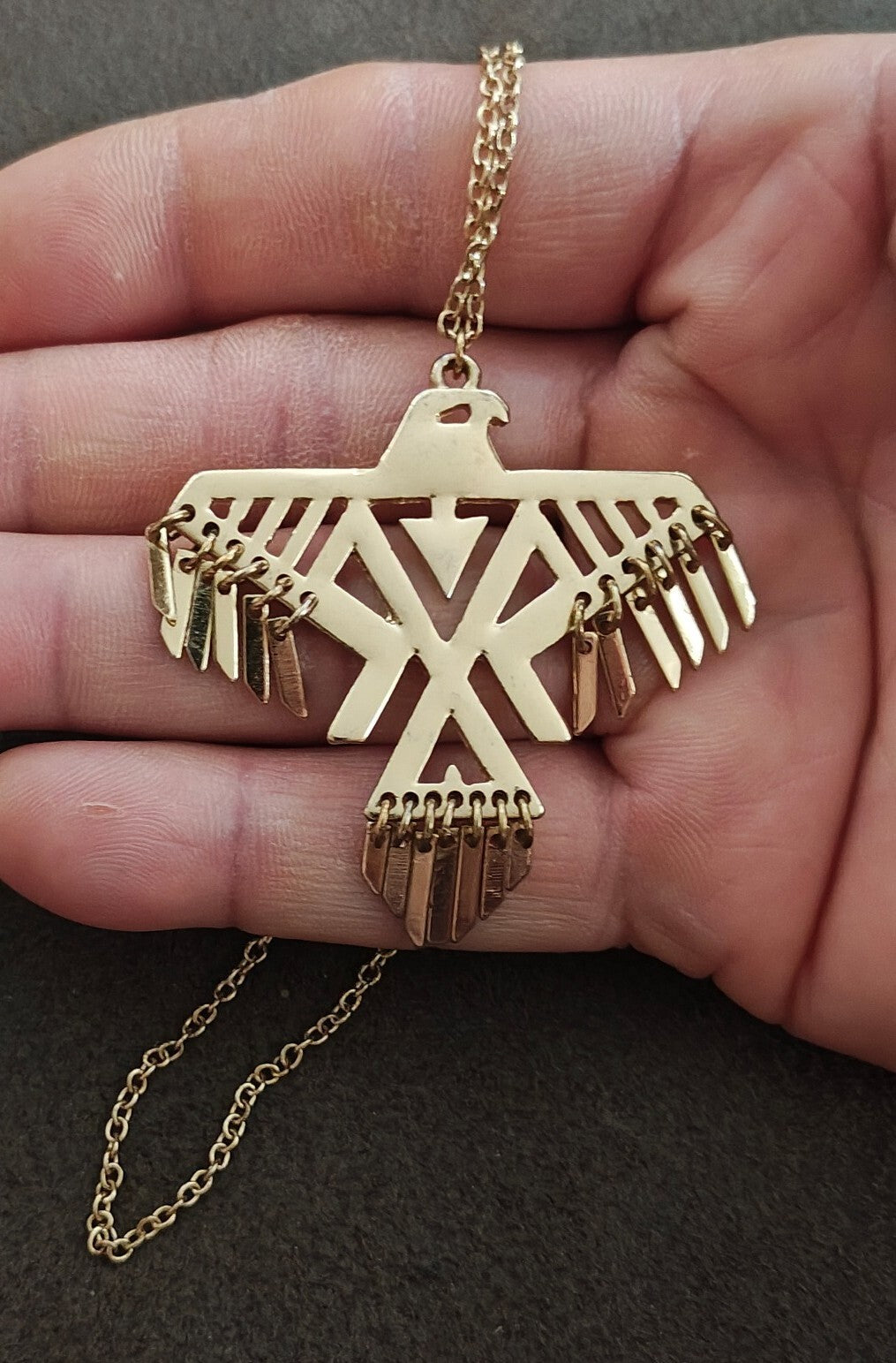 1980s Native American Inspired Geometric Thunderbird Gold Tone Pendant Necklace