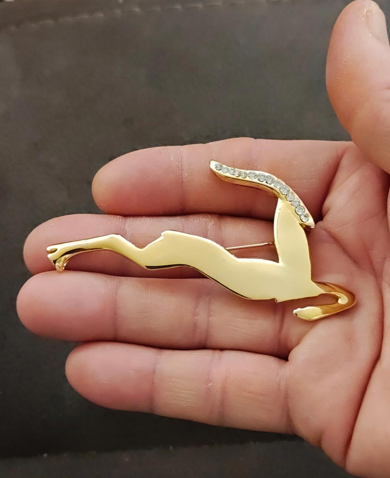 80s Large Gold Tone Leaping Gazelle or Impala With Sparking Rhinestones Brooch