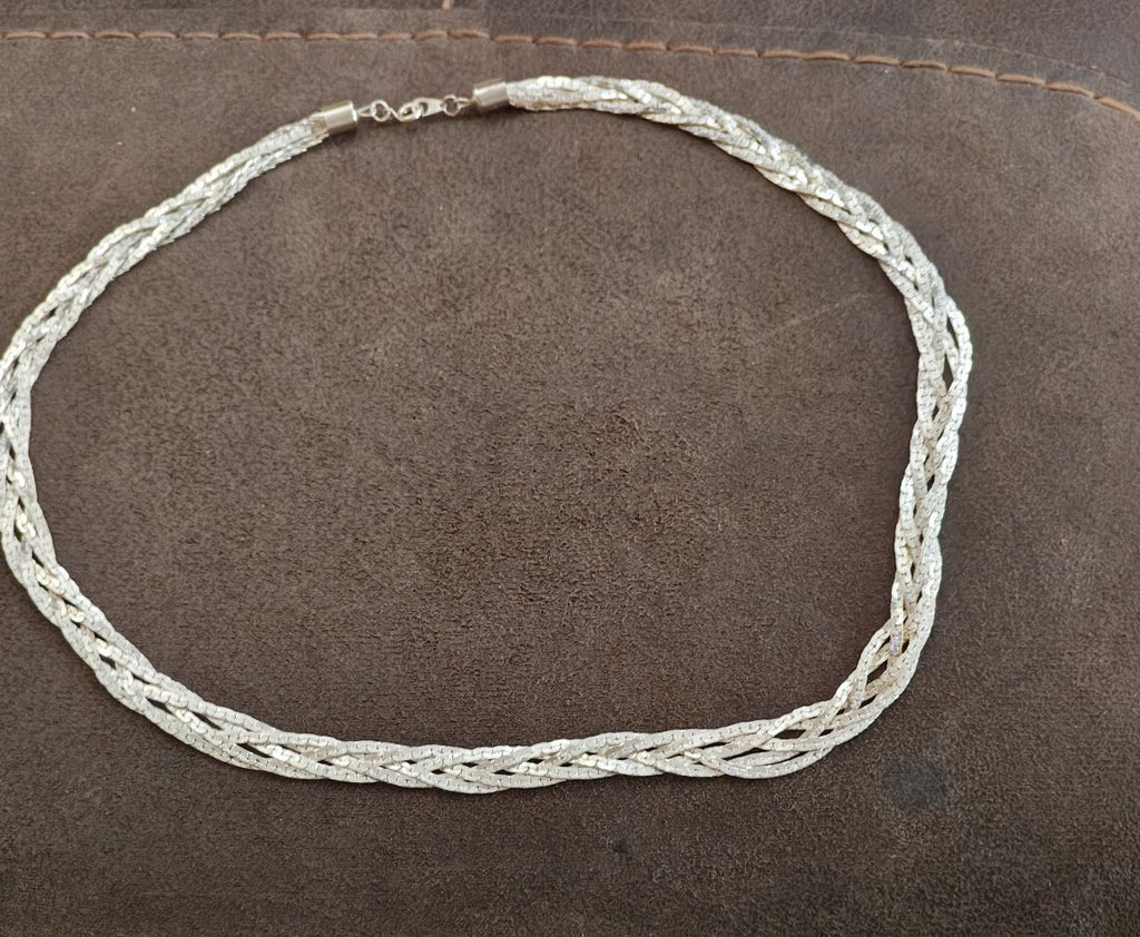 1980s Silver Tone Multi Strand Braided Herringbone Necklace