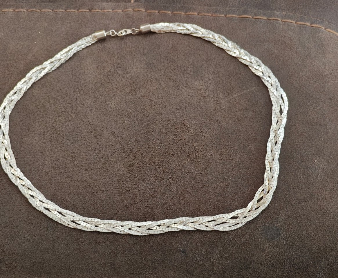 1980s Silver Tone Multi Strand Braided Herringbone Necklace