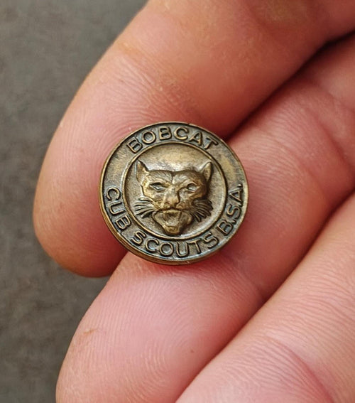 Brass Boy Scouts Bobcat rank pin with cat face emblem, held in fingers for detail
