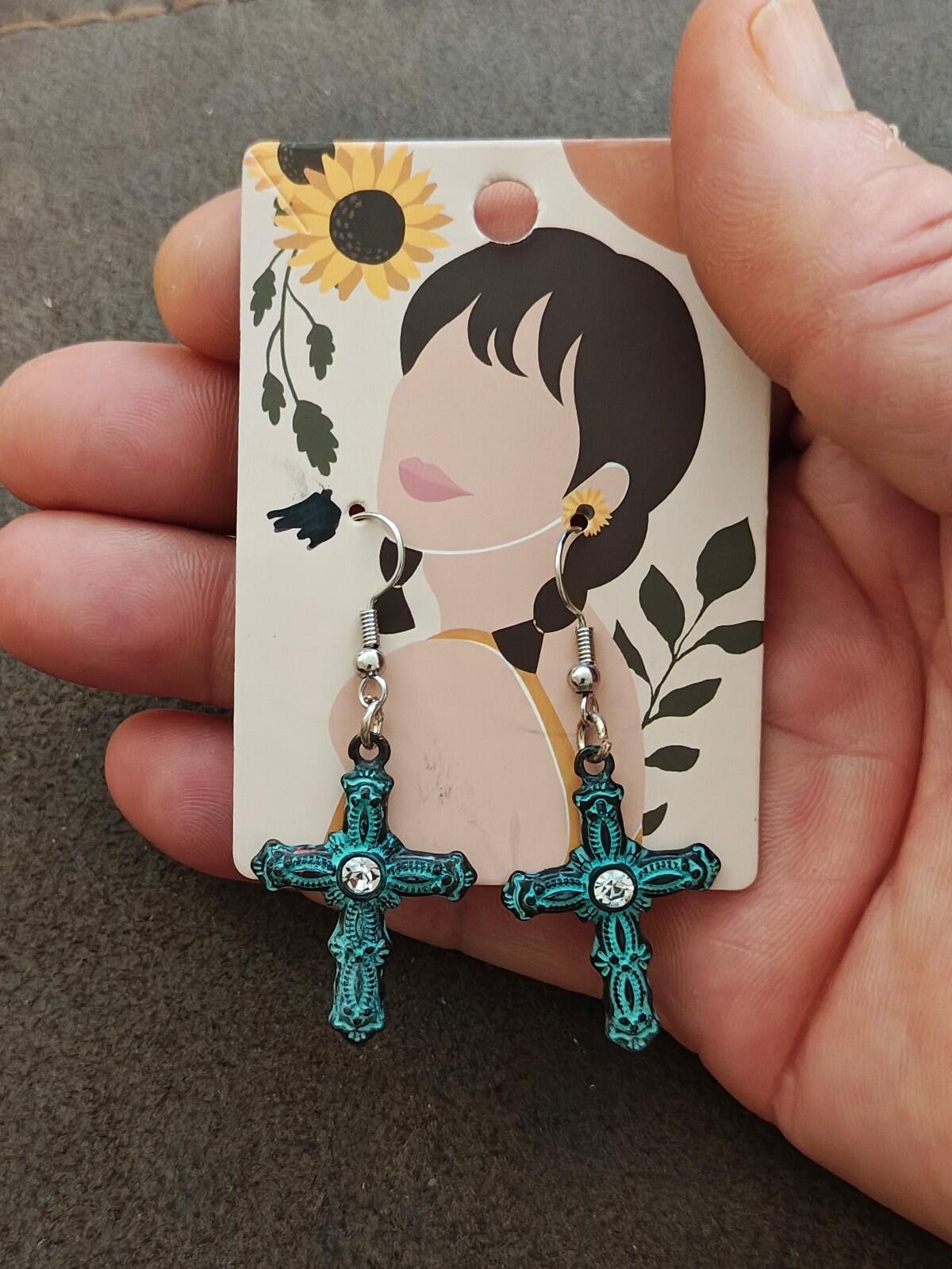 Antique Style Turquoise Cross Earrings Rhinestone Center Silver Tone Ear Wires
