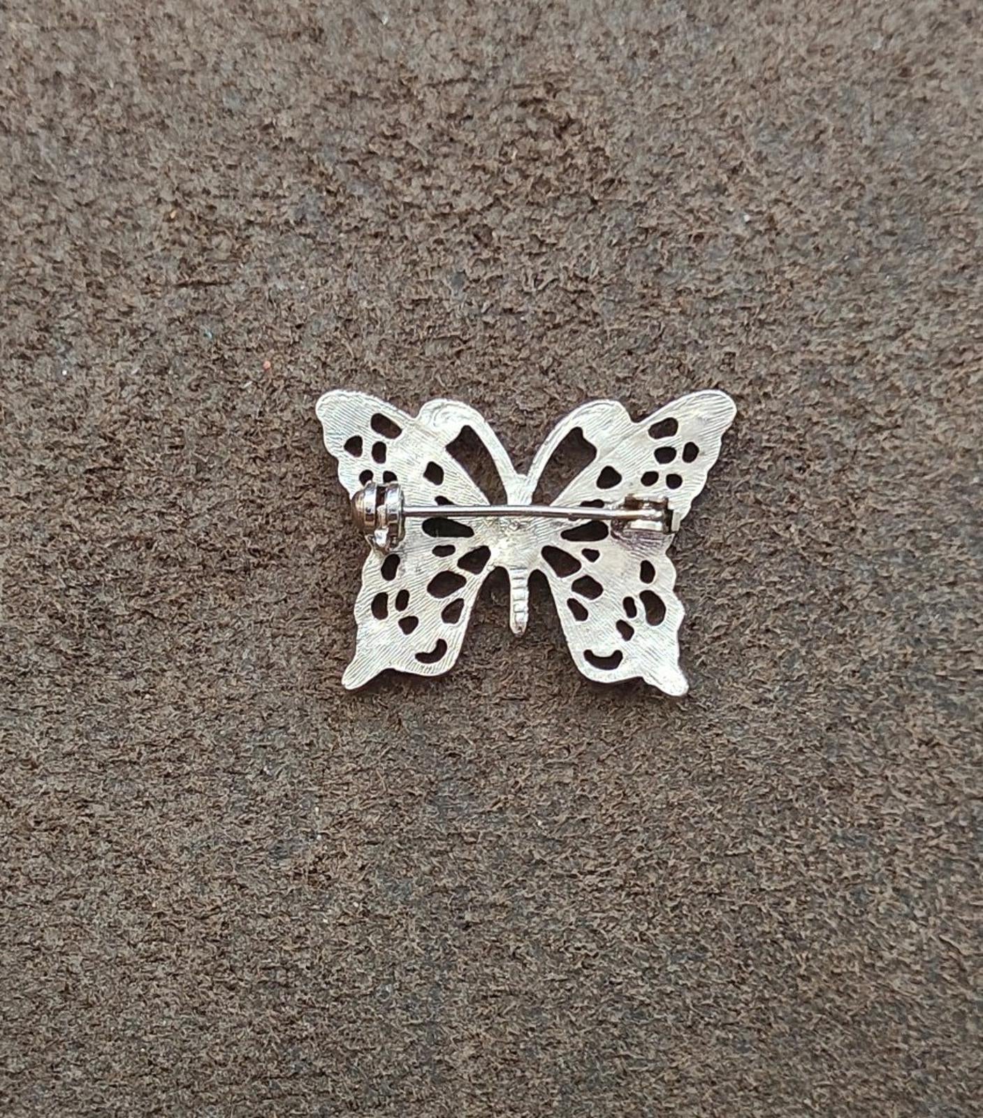 1950s Silver Tone With Clear & Blue Rhinestones Butterfly Brooch