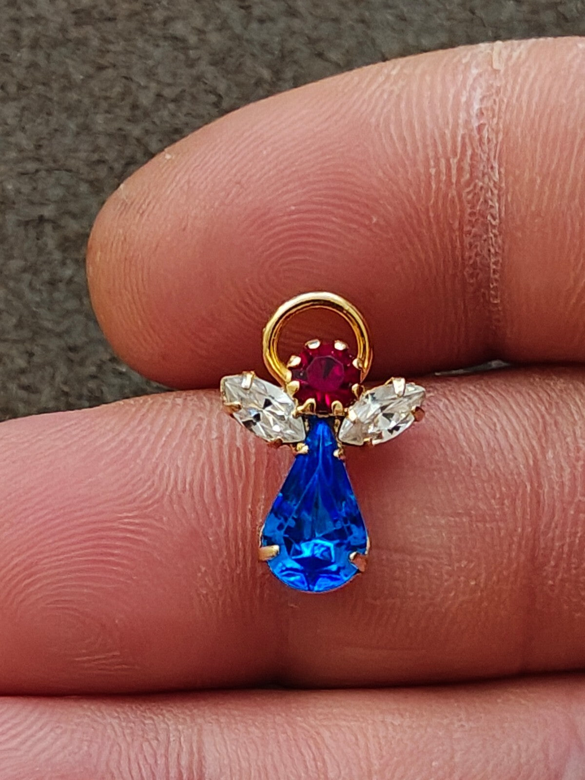 1990s Gold Tone With Red, White & Blue Rhinestones Small Patriotic Angel Pin