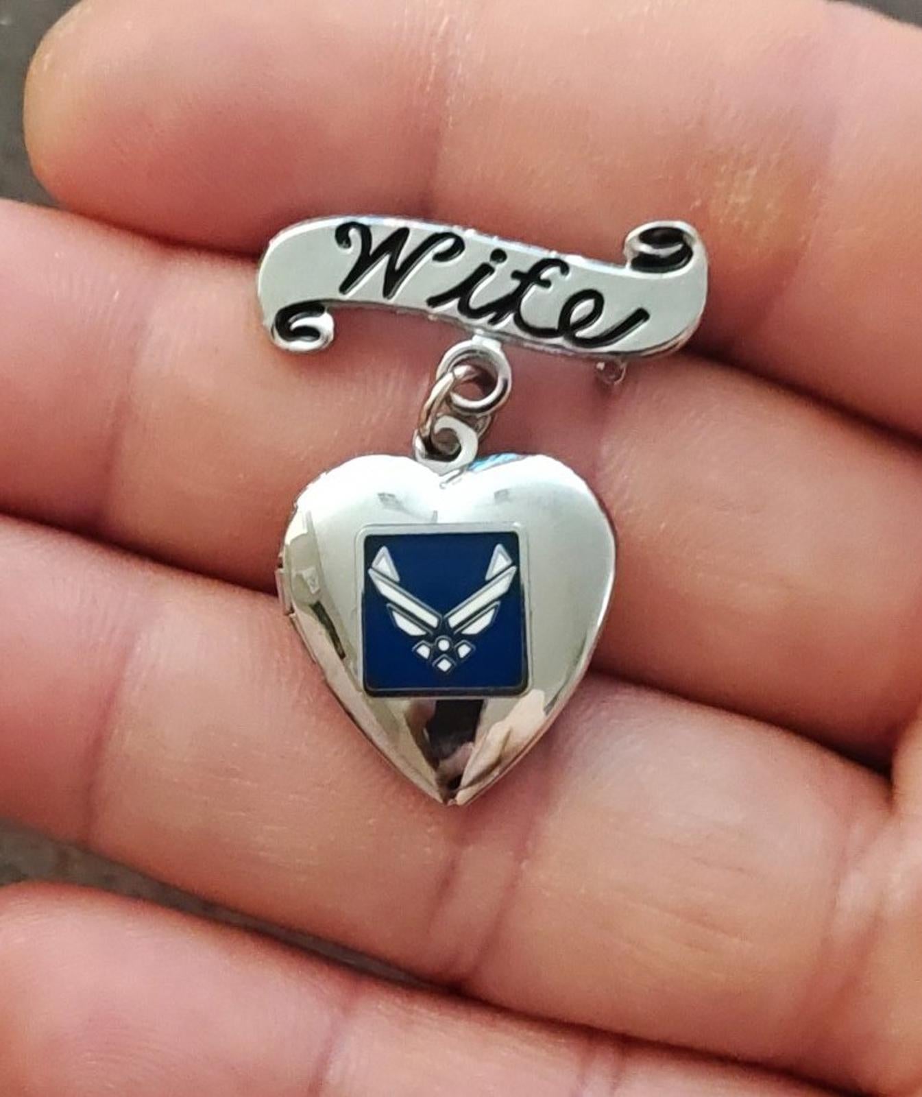 U.S. Air Force Wife Silver Tone With Blue & White Enamel Dangle Brooch Locket