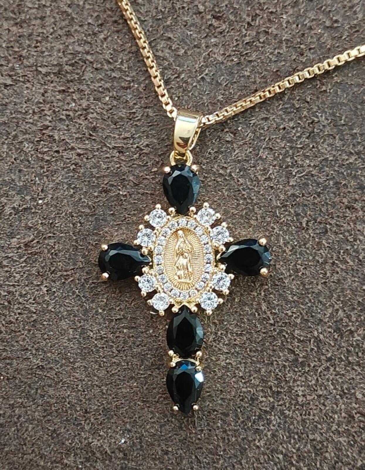 Gold Tone Virgin Mary Cross Pendant Necklace With CZ Stones & Black Stones