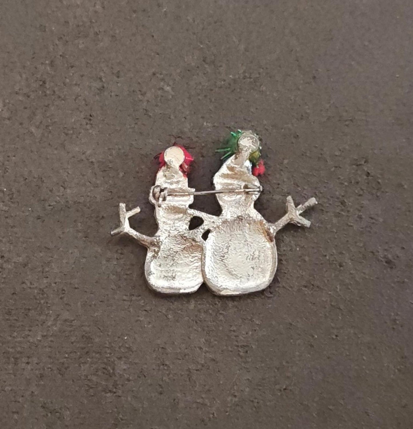 1980s Silver Tone With iridescent Rhinestones Two Snowman Enamel Brooch