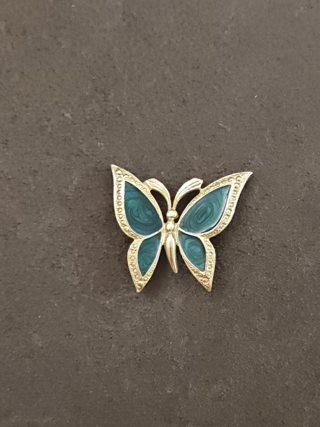 1980s Gold Tone With Green Enamel Textured Butterfly Brooch