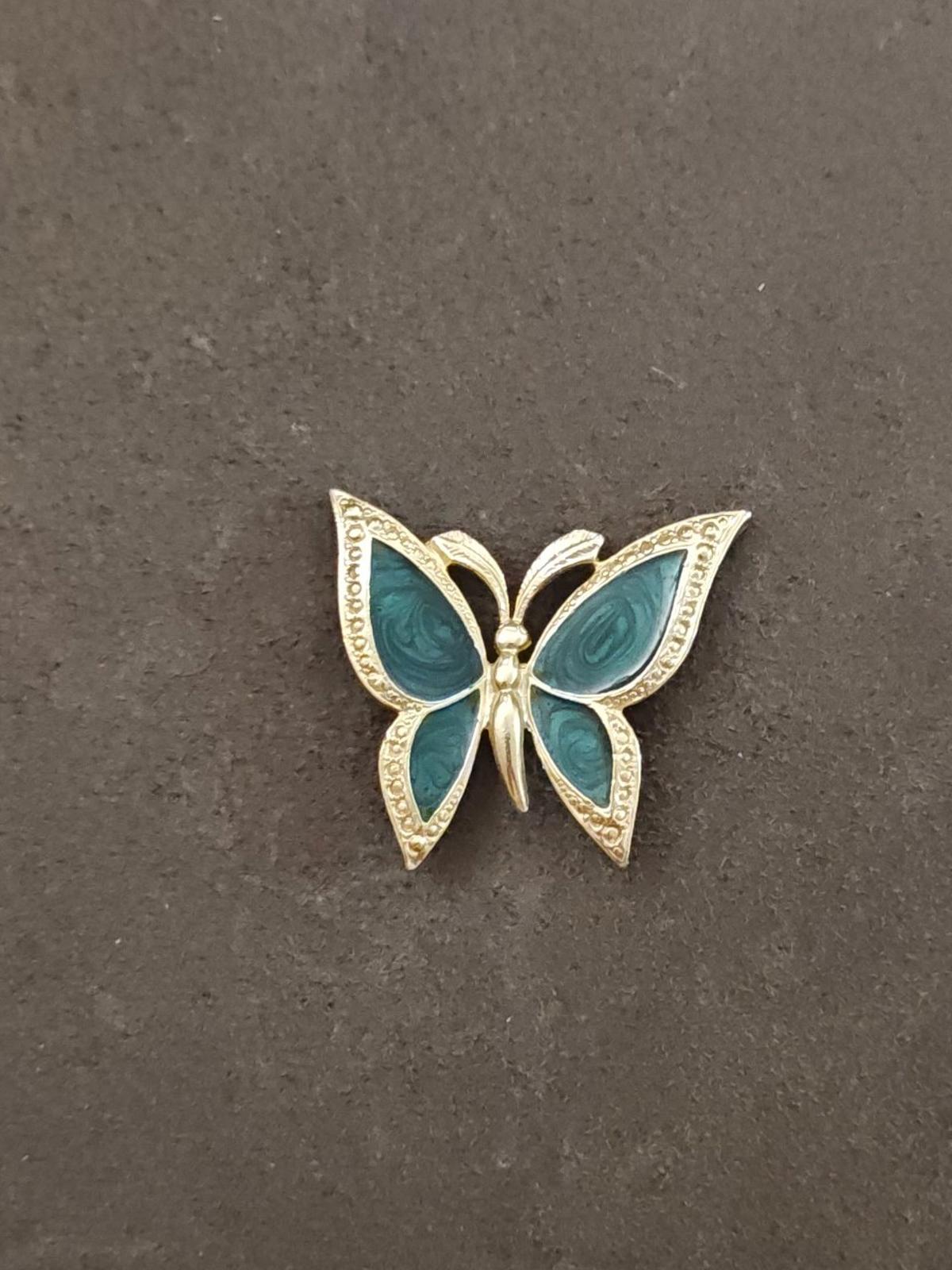 1980s Gold Tone With Green Enamel Textured Butterfly Brooch