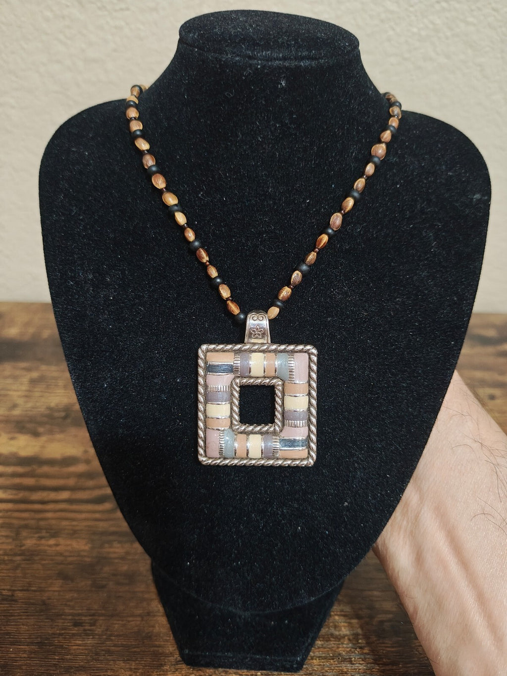 Retired Brighton "Cabana" Square  Pendant Necklace With Custom Beaded Strand