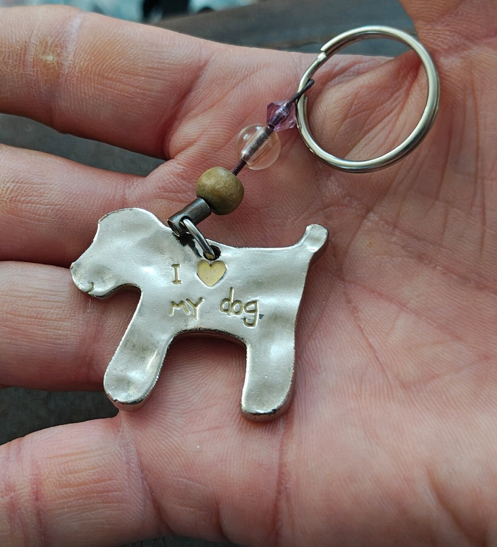 Silver Tone Handmade "I Love My Dog"  Dog Keychain With Bead Accents