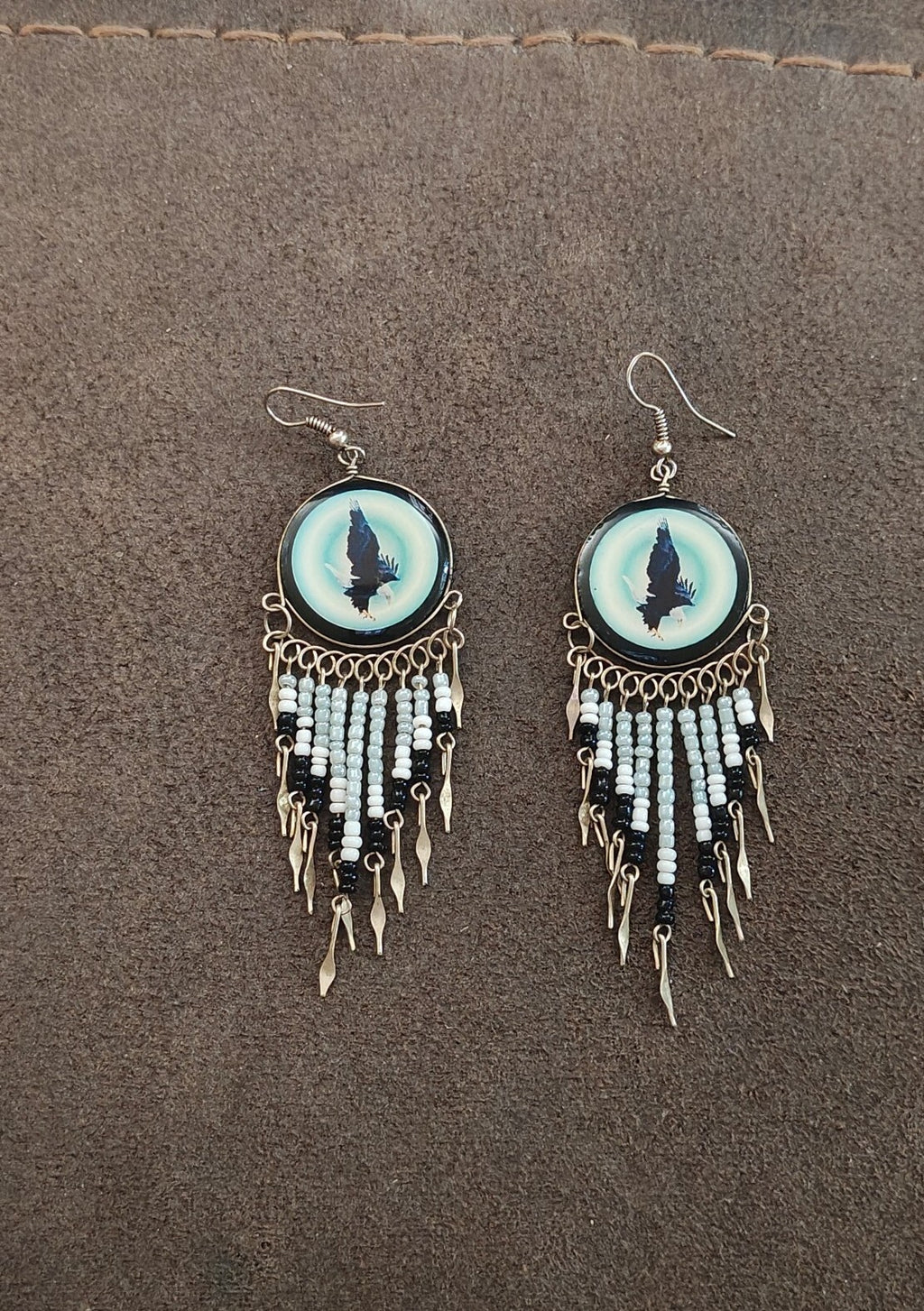 Native American Style Eagle Beaded Fringe Dangle Earrings