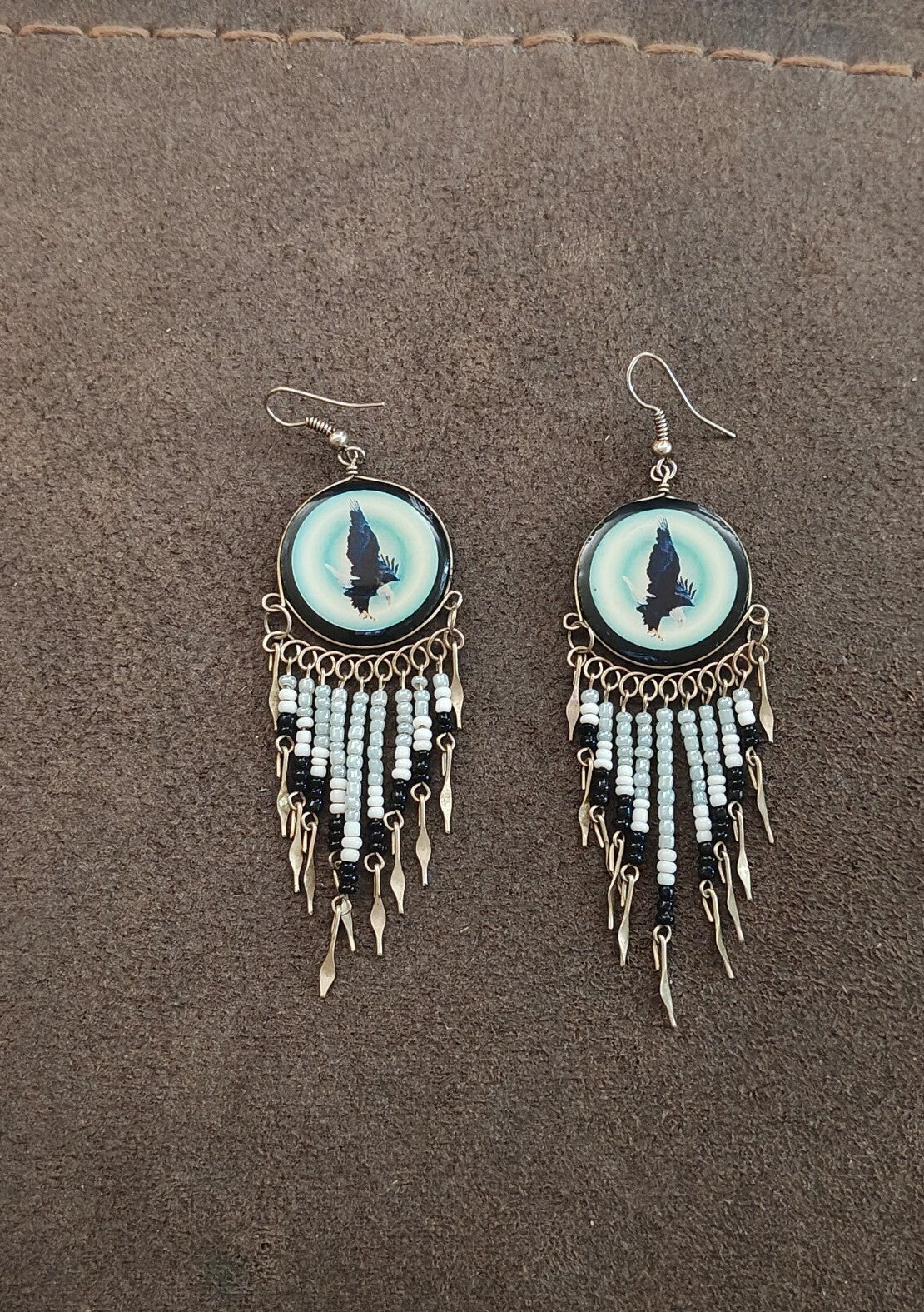 Native American Style Eagle Beaded Fringe Dangle Earrings