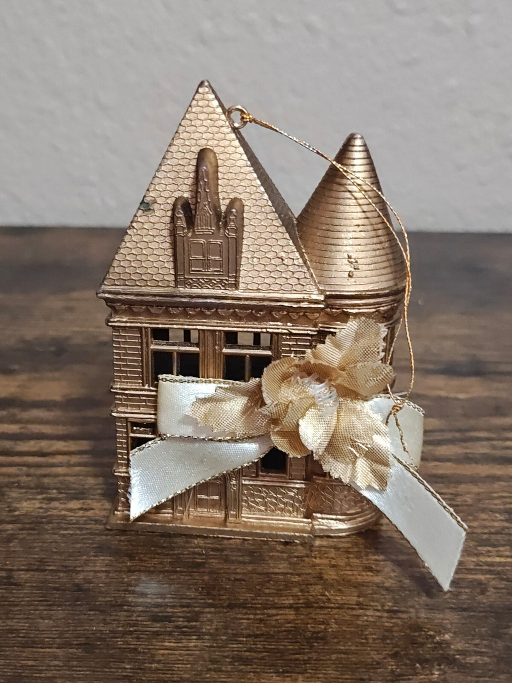 1980s Molded Gold Tone Plastic Victorian Style House Ornament