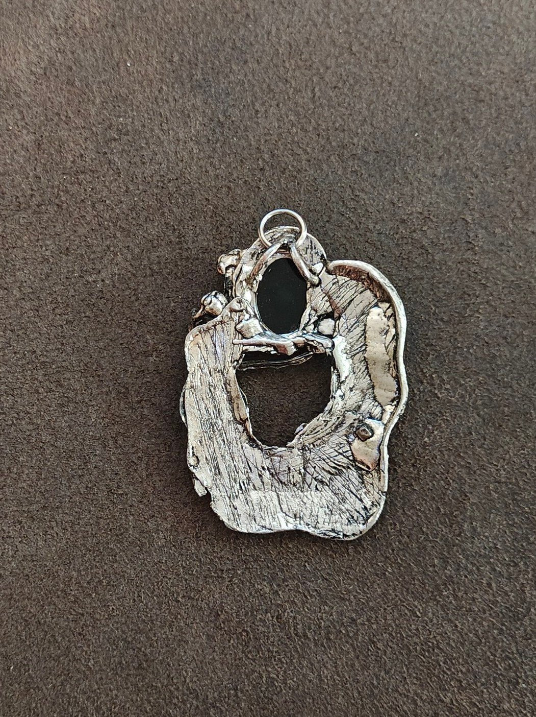 1960s Modernist/Brutalist Style Silver Tone Pendant With Green Stone