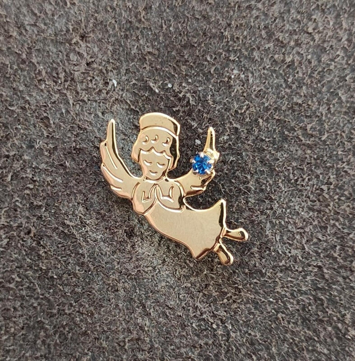 1980s Gold Told Guardian Angel With Small Blue Birthstone Rhinestone Pin