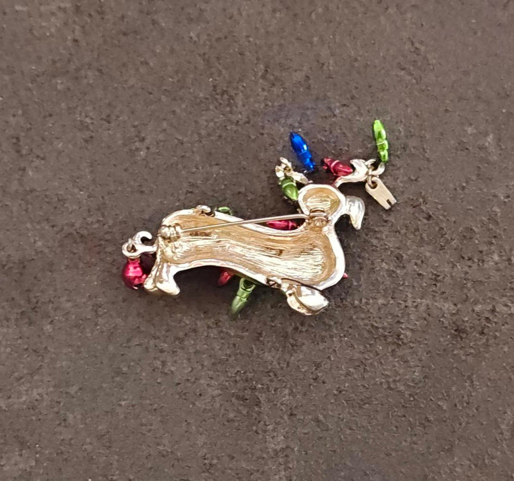 Dachshund dog enamel brooch back with gold safety pin clasp and bead antlers