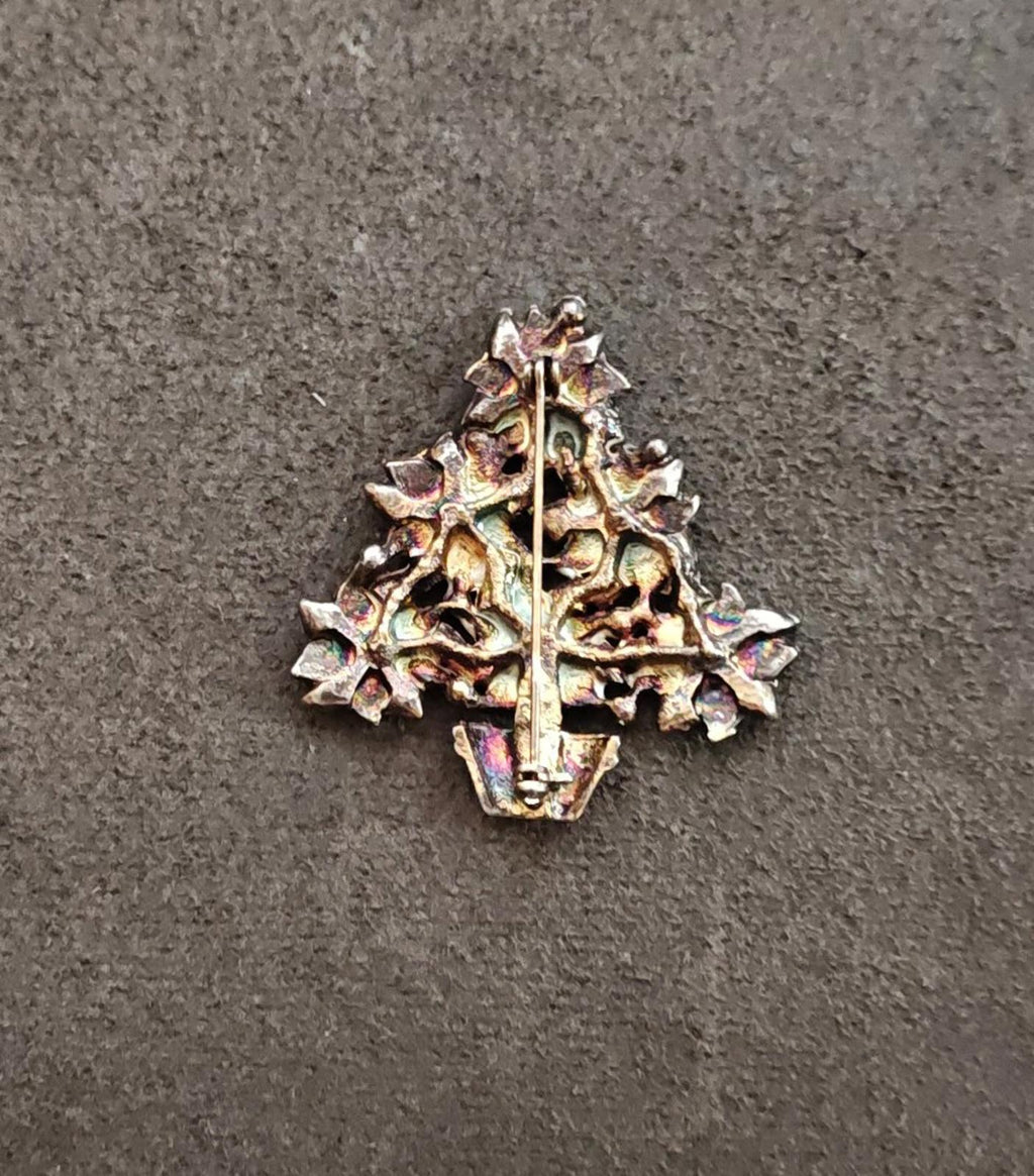 Christmas tree brooch back with pin stem and clasp, gold tone with enamel highlights