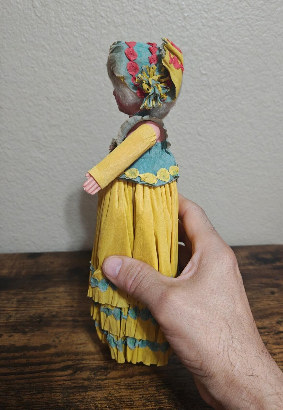 1930s/40s Rare Handcrafted Crepe Paper Doll With Plastic/Celluloid Face & Body
