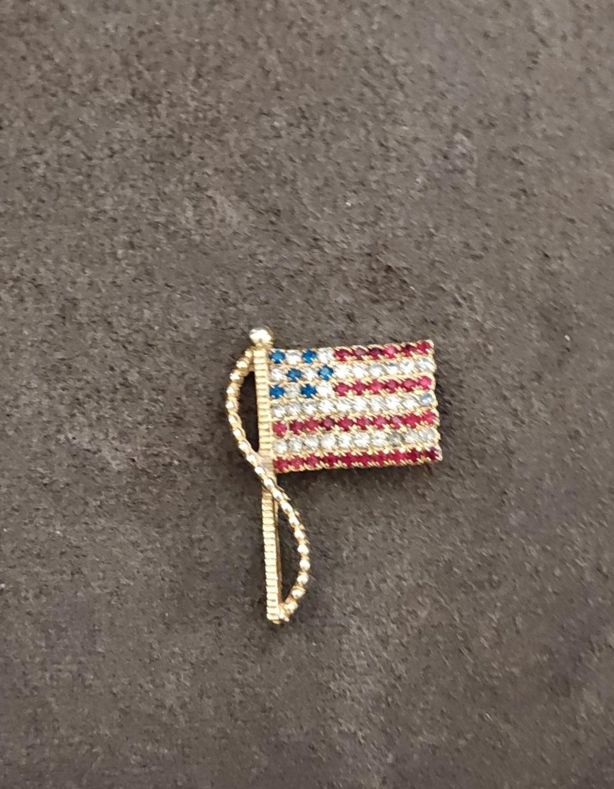 1960s Signed Rafaelian Gold Tone American Flag Patriotic Pin Brooch