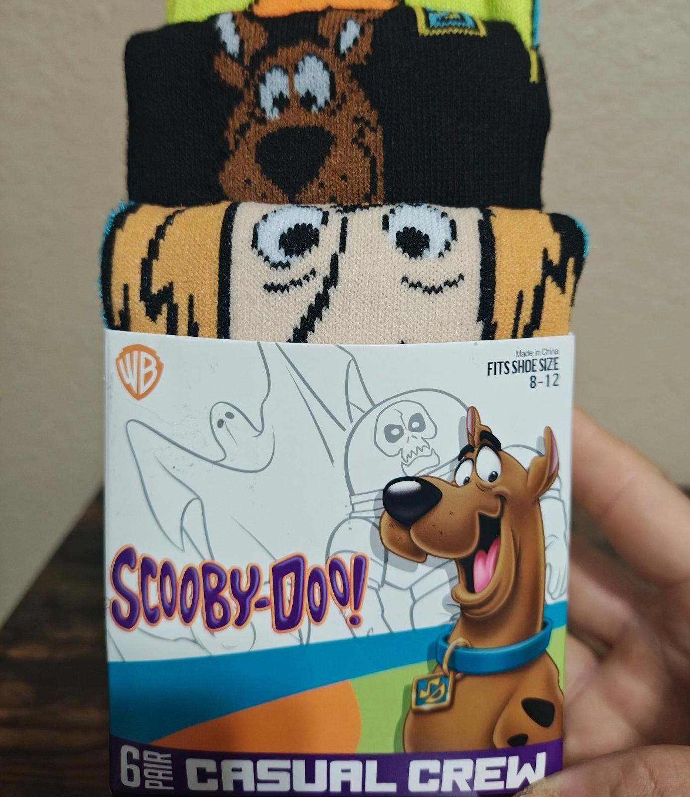 Scooby-Doo themed men's casual crew socks 6-pack box, includes shoe size 8-12.