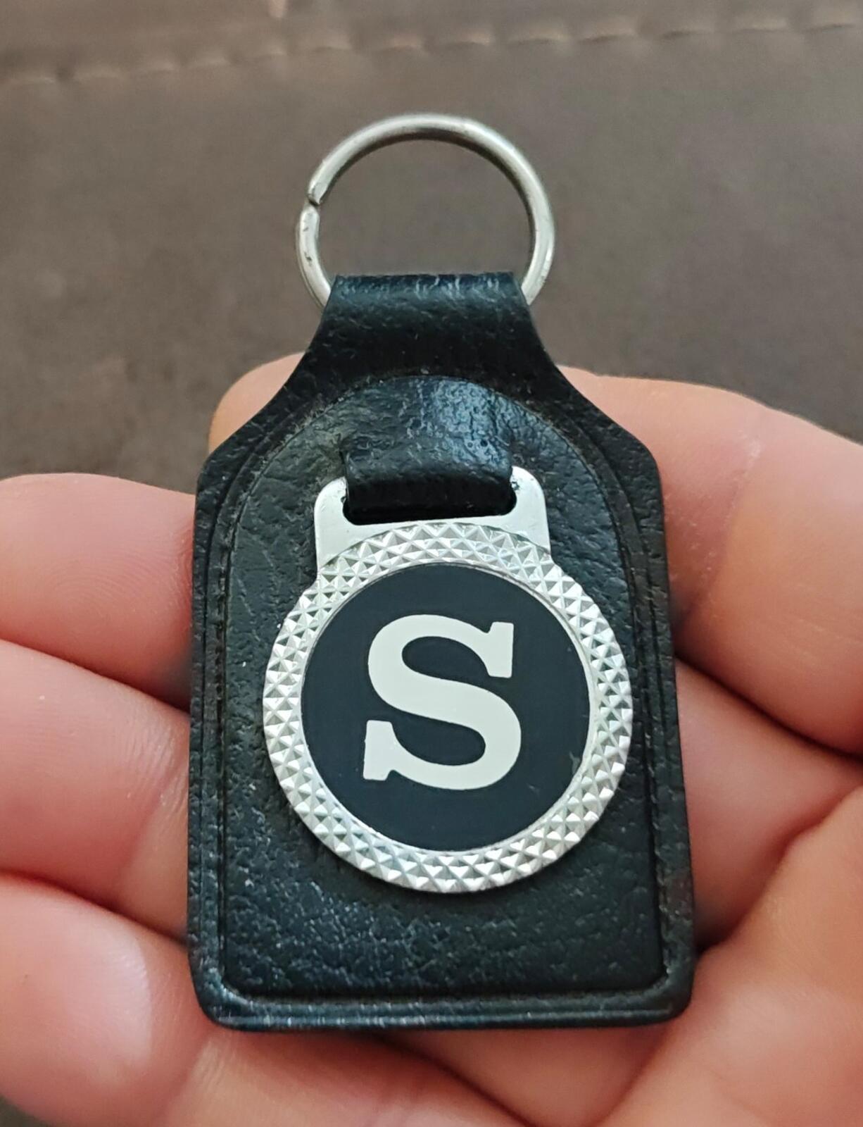 1970s Black Leather Stylized Initial Letter "S" Emblem Keychain/Key Fob