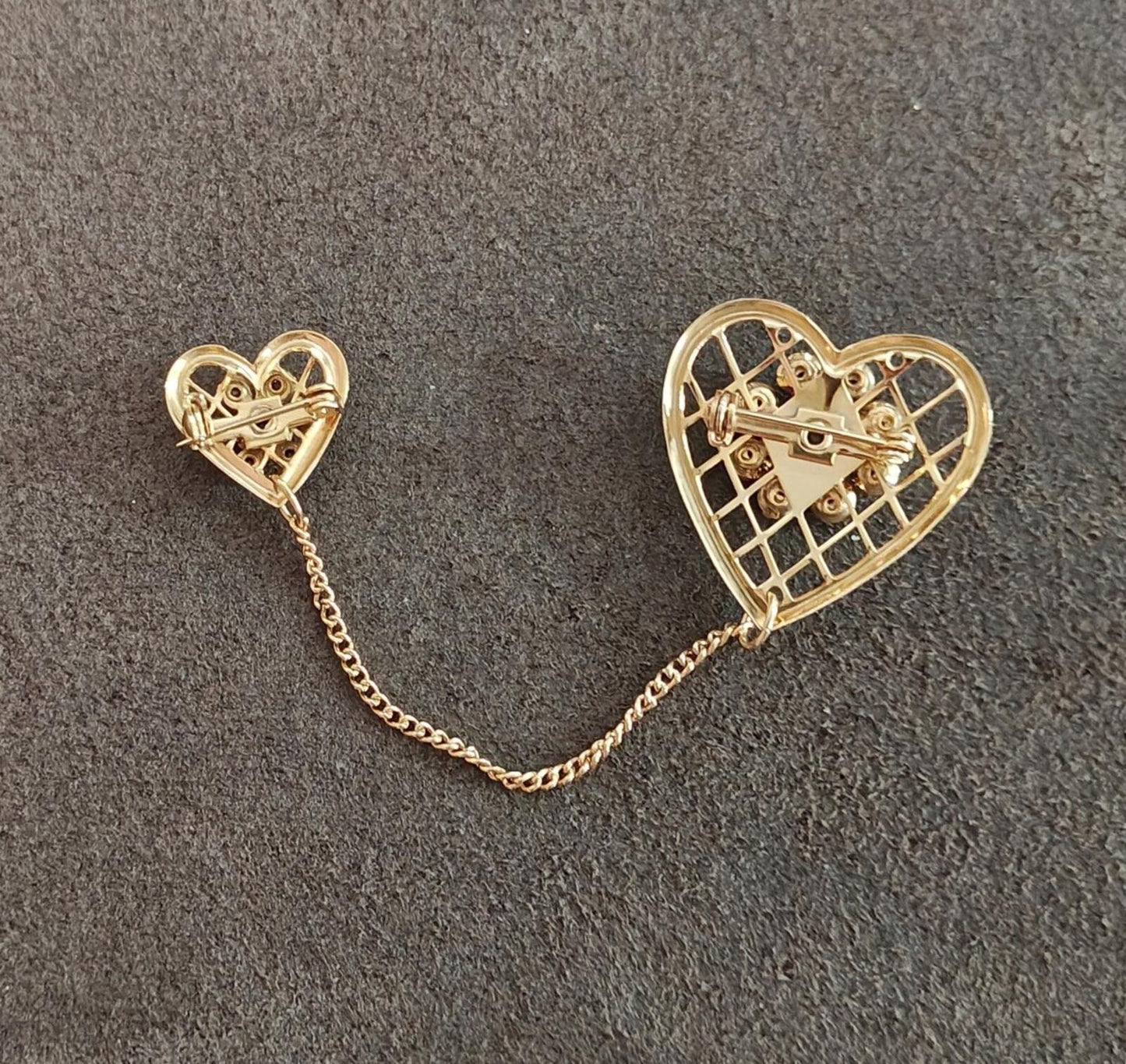 1950s Double Heart With Aurora Borealis Rhinestones Gold Tone Brooch