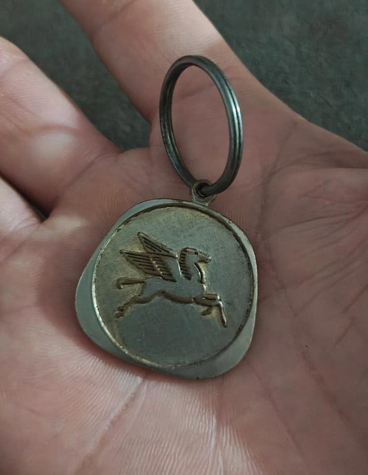 1970s Vintage Chevron Pegasus Pewter Keychain