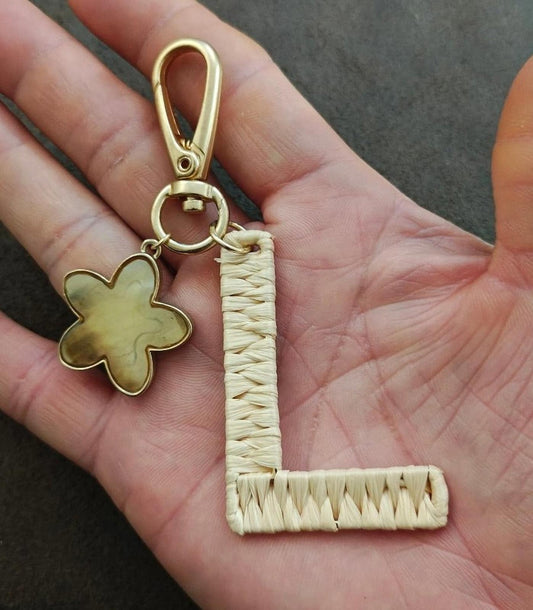 Anthropologie Monogram Letter H With Mother Of Pearl Flower Wicker Keychain