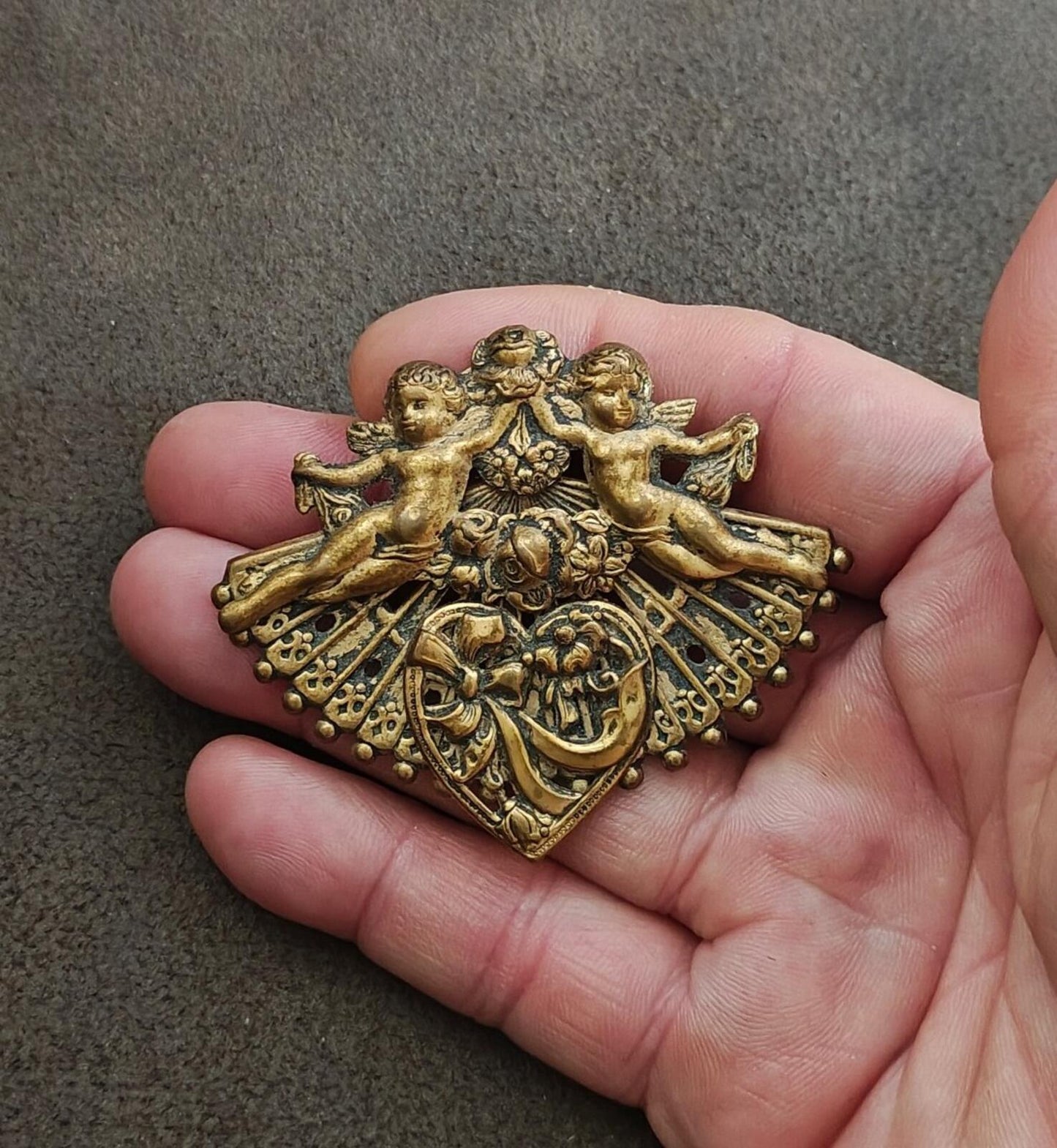 1970s/80s Gold Tone Renaissance Revival Style Double Cherub Brooch