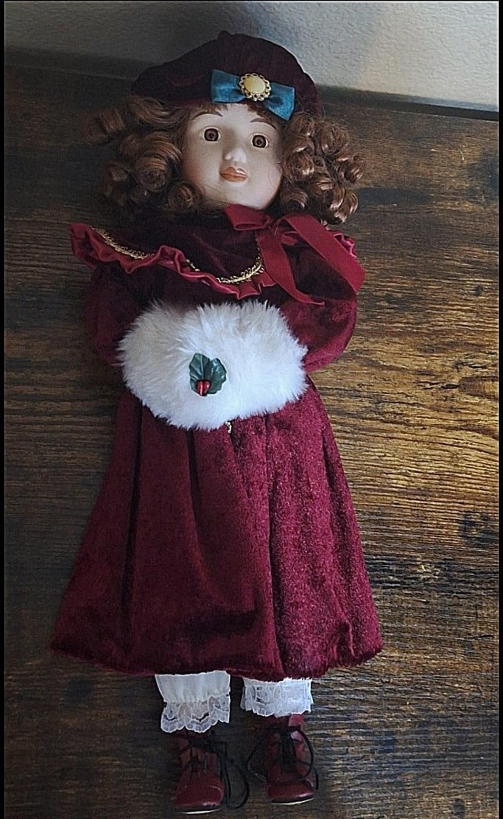 1983 Enesco Porcelain Christmas 17" Tall Doll With Cloth Body